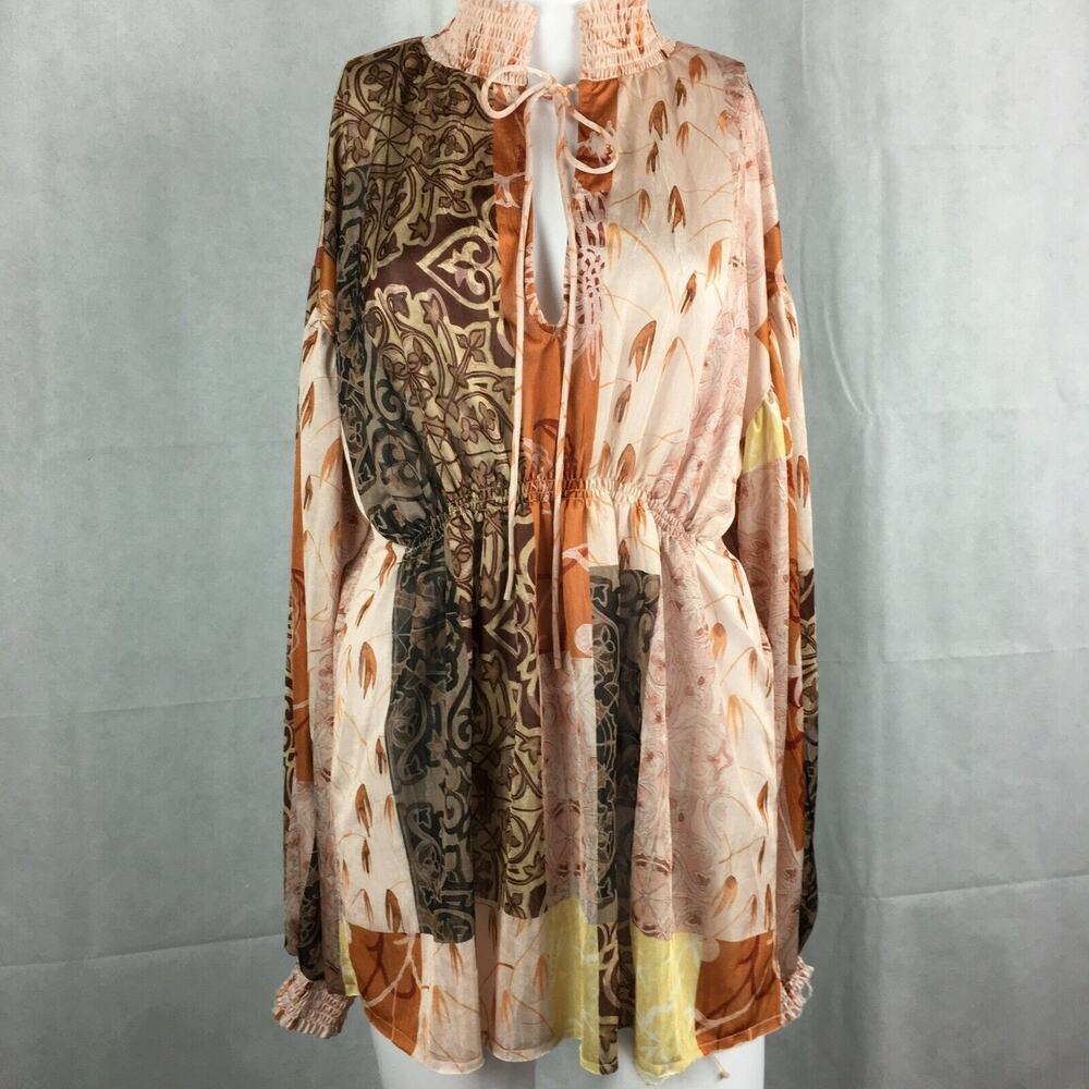 Zara Shirt Womens Sz L Pink Beige Floral Knit Turtleneck Blouson Tunic Top Boho‎